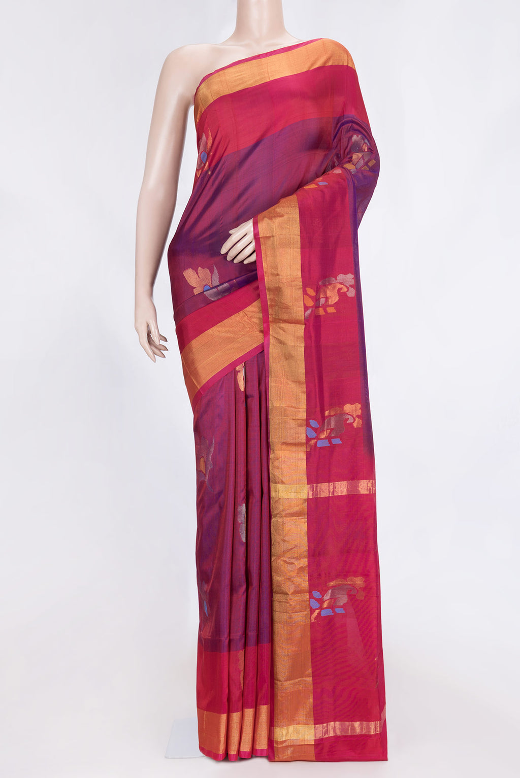 Purple Dual Tone Uppada Silk Saree with Zari Butta on the body and Fancy Border.  displayed on a mannequin