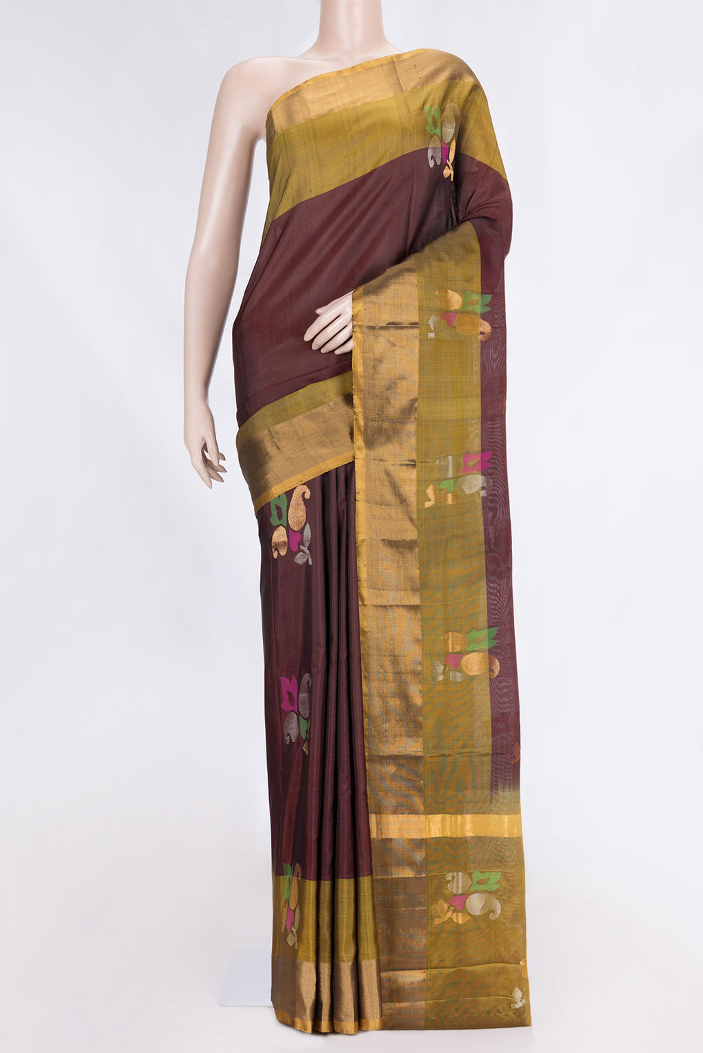 Coffee Brown Dual Tone Uppada Silk Saree with Zari Butta on the body and Fancy Border.  displayed on a mannequin