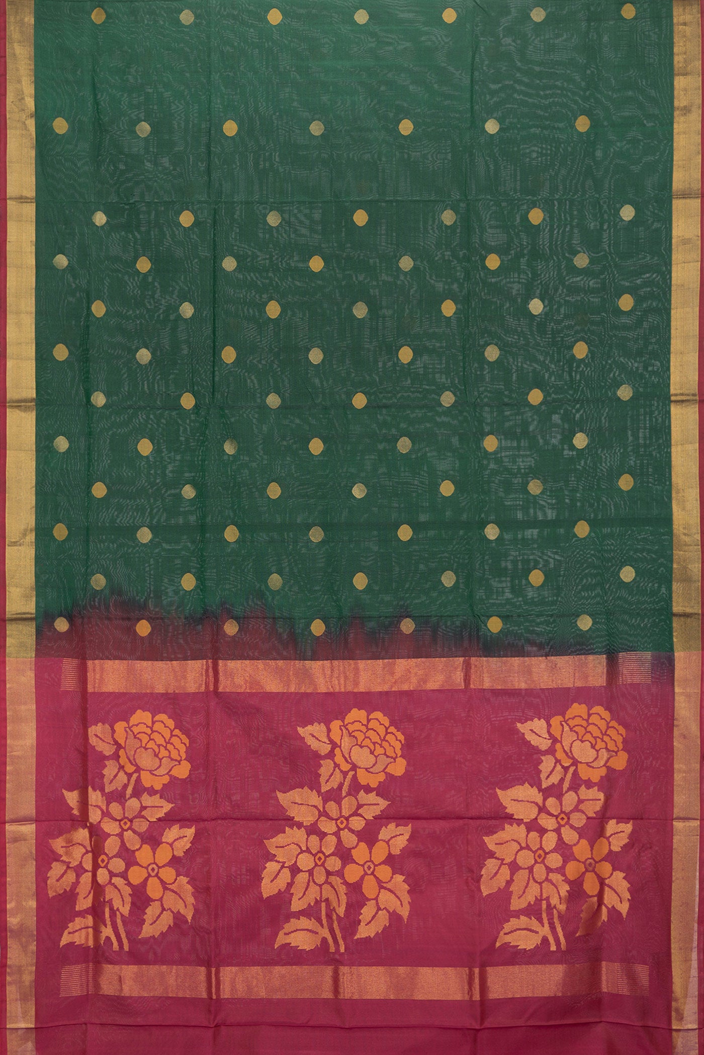 Flat view of Bottle Green Dual Tone Uppada Silk Saree with Zari Butta on the body and Zari Border. 