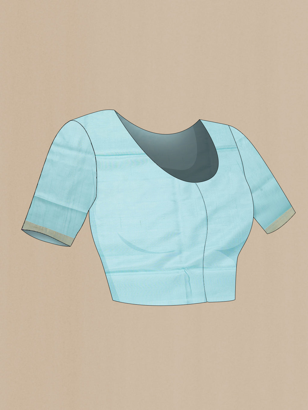 Close up image of the blouse of Sky Blue Dual Tone Uppada Silk Saree with Zari Butta on the body and Zari Border. 