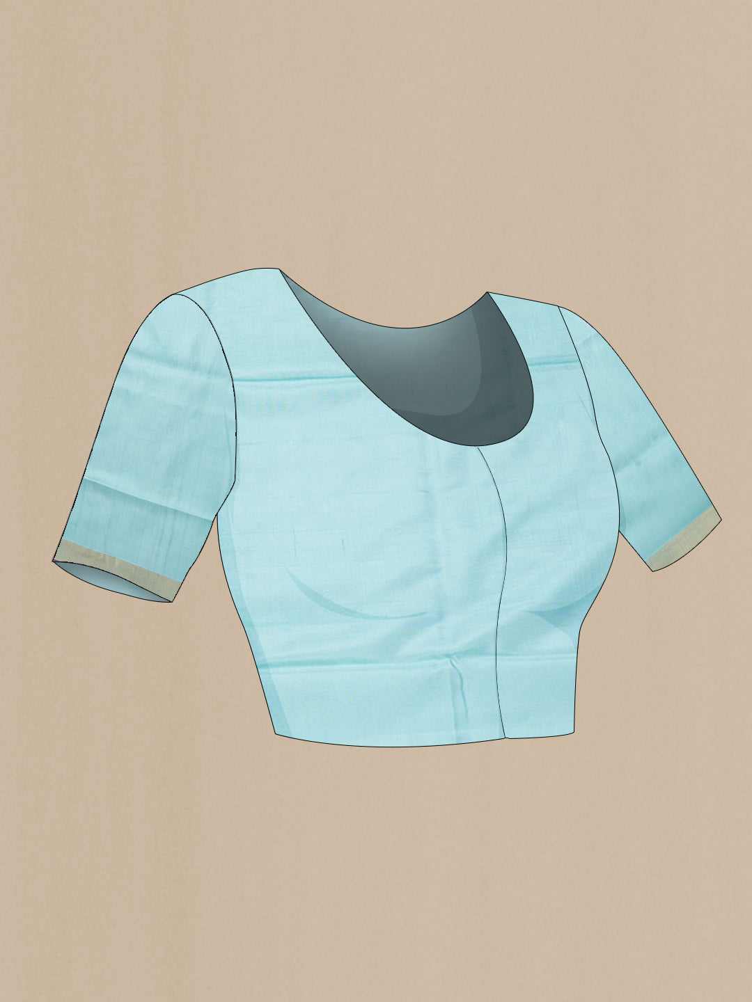 Close up image of the blouse of Sky Blue Dual Tone Uppada Silk Saree with Zari Butta on the body and Zari Border. 