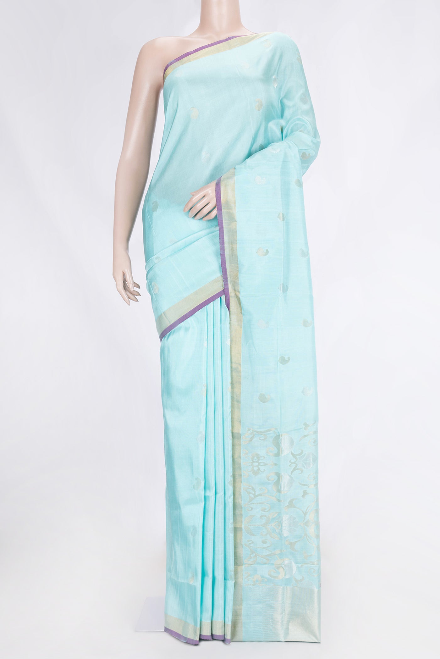 Sky Blue Dual Tone Uppada Silk Saree with Zari Butta on the body and Zari Border.  displayed on a mannequin