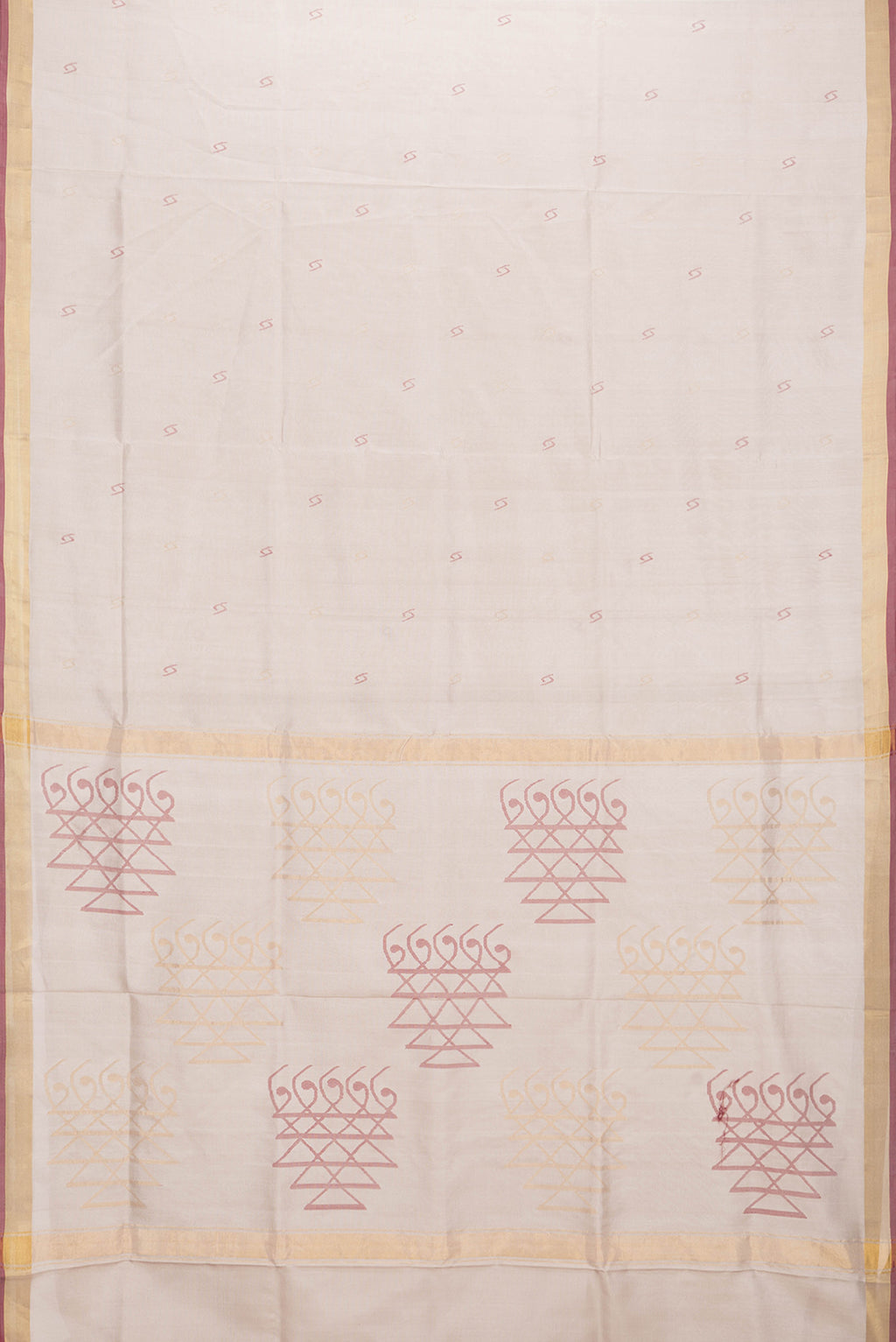 Flat view of Beige Dual Tone Uppada Silk Saree with Zari And Thread Butta on the body and Zari Border. 
