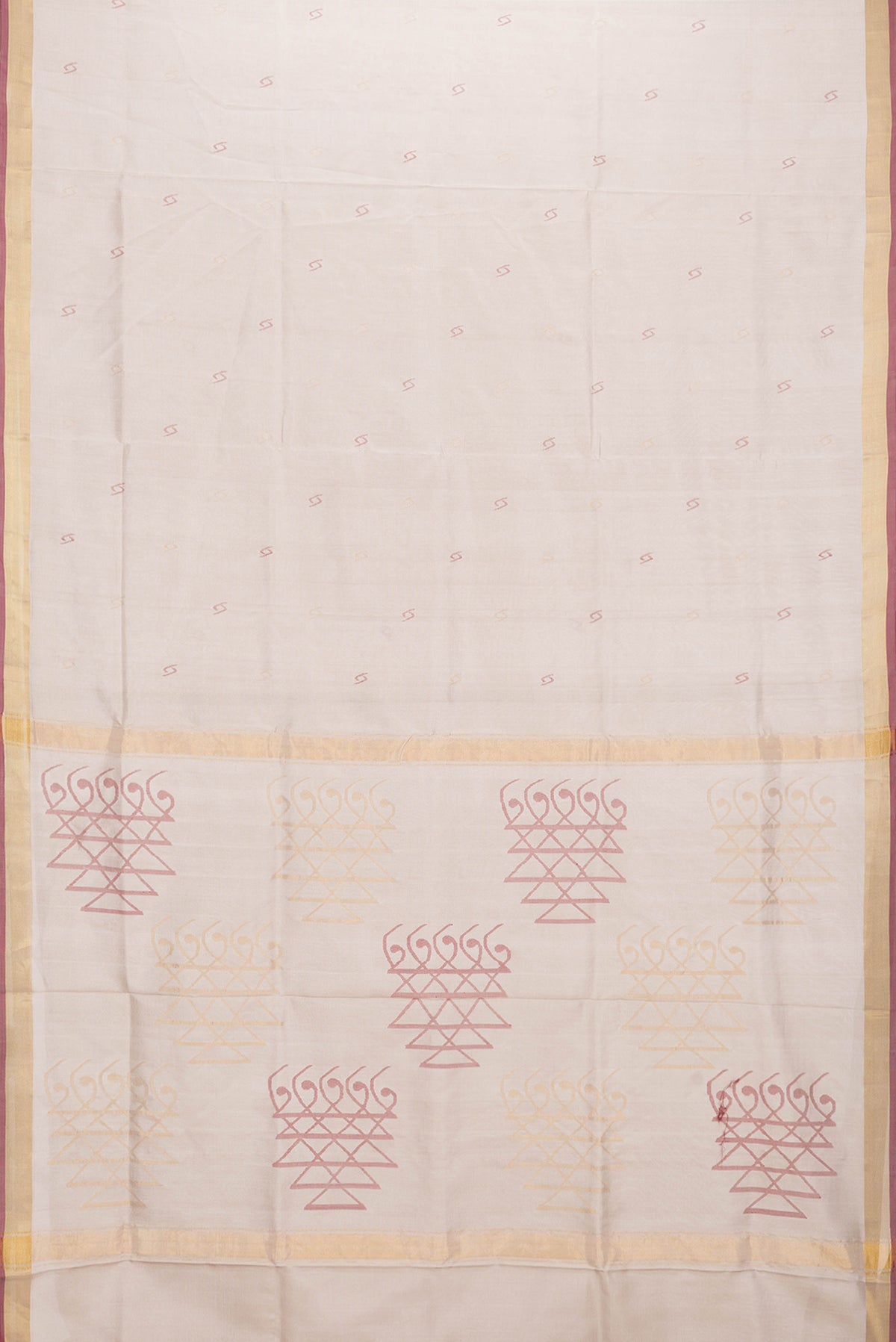 Flat view of Beige Dual Tone Uppada Silk Saree with Zari And Thread Butta on the body and Zari Border. 