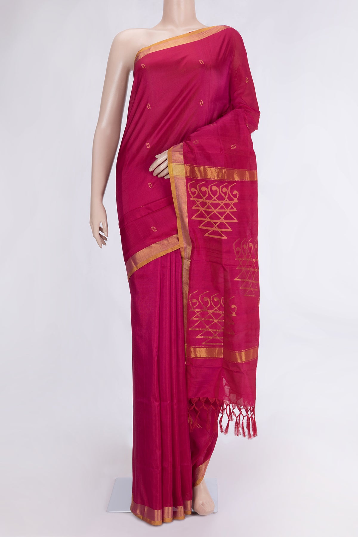 Pink Dual Tone Uppada Silk Saree with Zari Butta on the body and Zari Border.  displayed on a mannequin