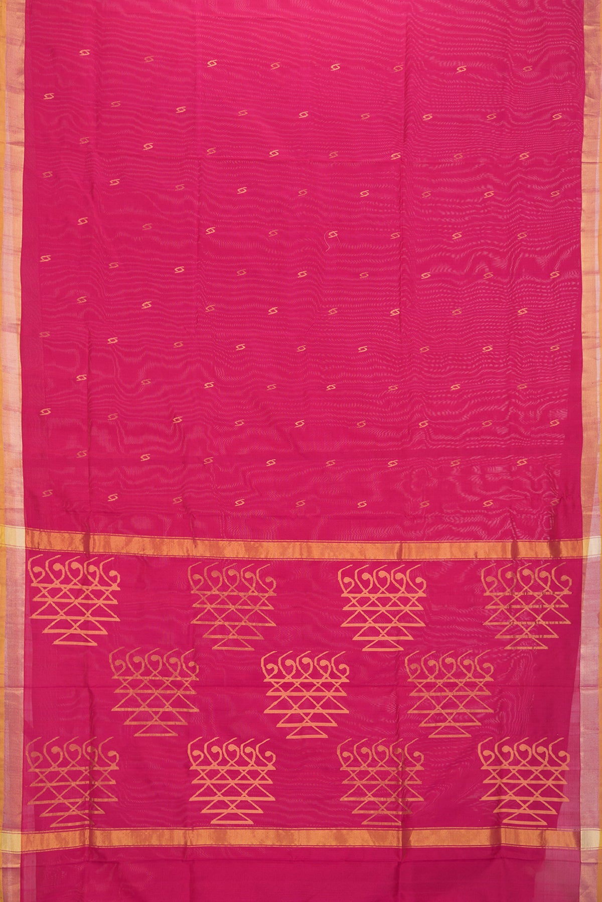 Flat view of Pink Dual Tone Uppada Silk Saree with Zari Butta on the body and Zari Border. 