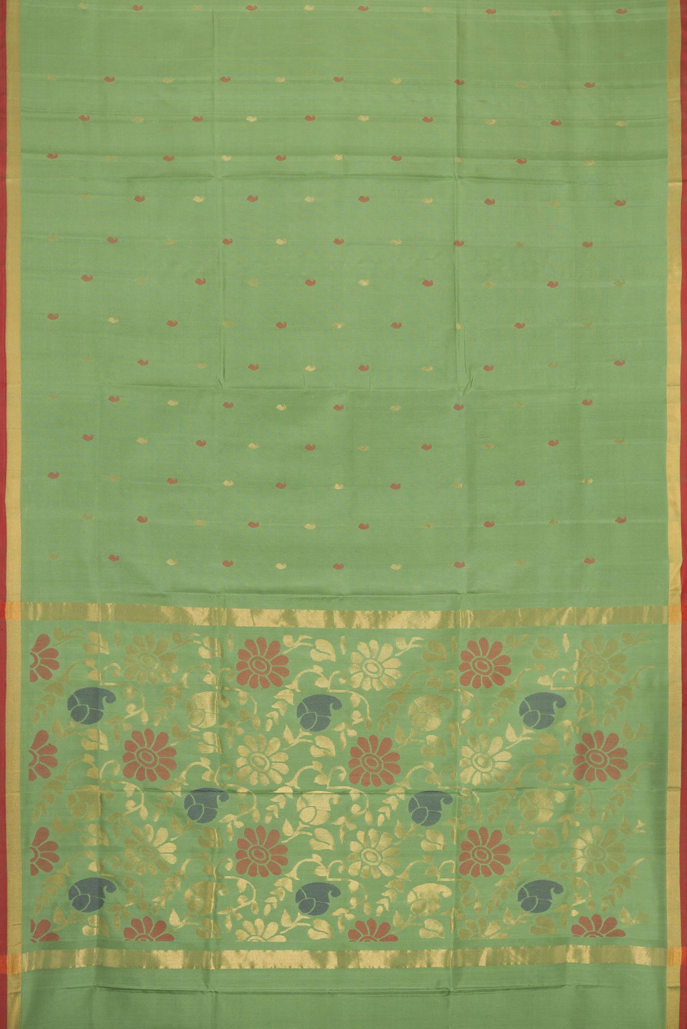 Flat view of Green Dual Tone Uppada Silk Saree with Zari And Thread Butta on the body and Zari Border. 