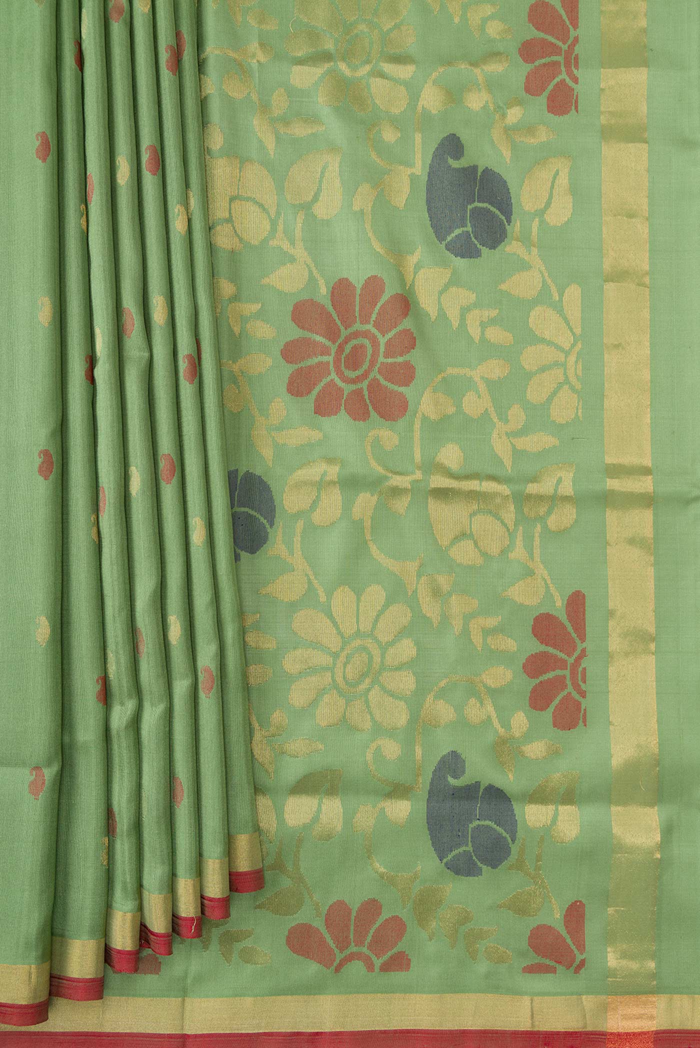 Pleats and pallu of Green Dual Tone Uppada Silk Saree with Zari And Thread Butta on the body and Zari Border. 