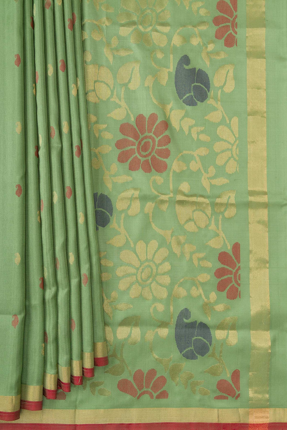 Pleats and pallu of Green Dual Tone Uppada Silk Saree with Zari And Thread Butta on the body and Zari Border. 