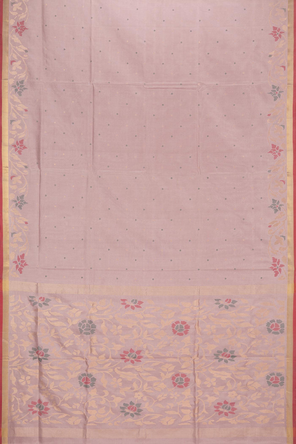 Flat view of Pure Silk Rose Gold Uppada Saree with Zari And Thread Butta on the body and Zari Border. 