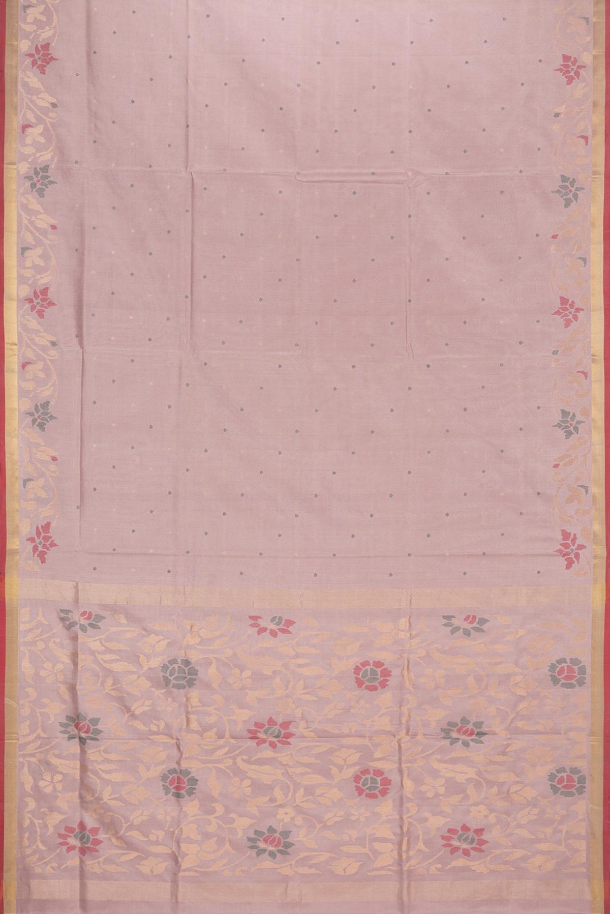Flat view of Pure Silk Rose Gold Uppada Saree with Zari And Thread Butta on the body and Zari Border. 