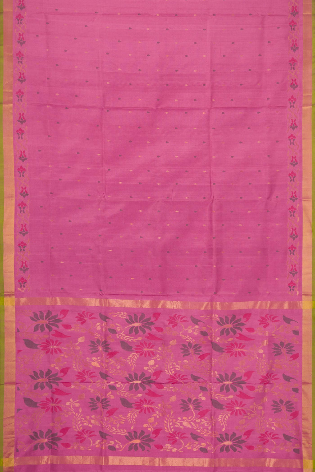 Flat view of Pink Dual Tone Uppada Silk Saree with Zari And Thread Butta on the body and Zari Border. 