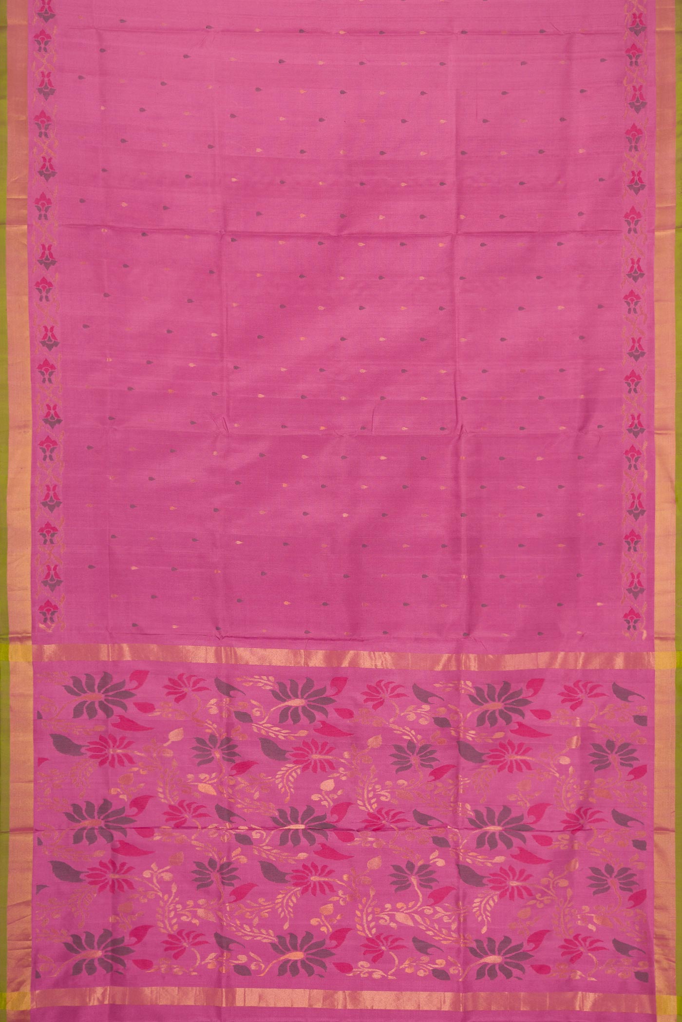 Flat view of Pink Dual Tone Uppada Silk Saree with Zari And Thread Butta on the body and Zari Border. 