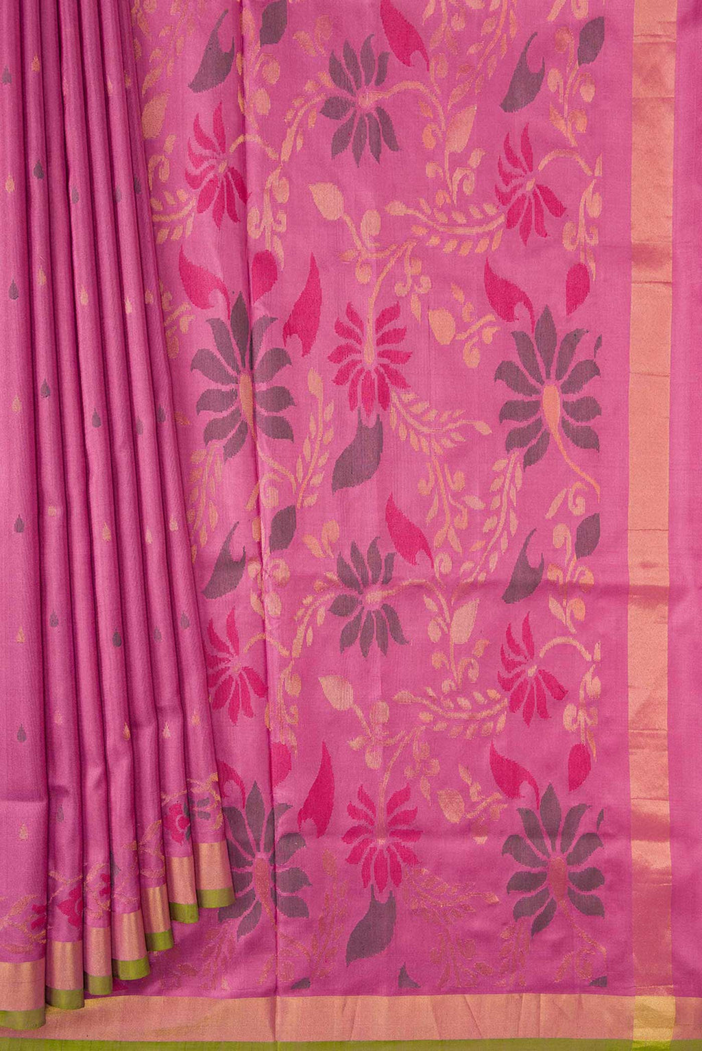Pleats and pallu of Pink Dual Tone Uppada Silk Saree with Zari And Thread Butta on the body and Zari Border. 
