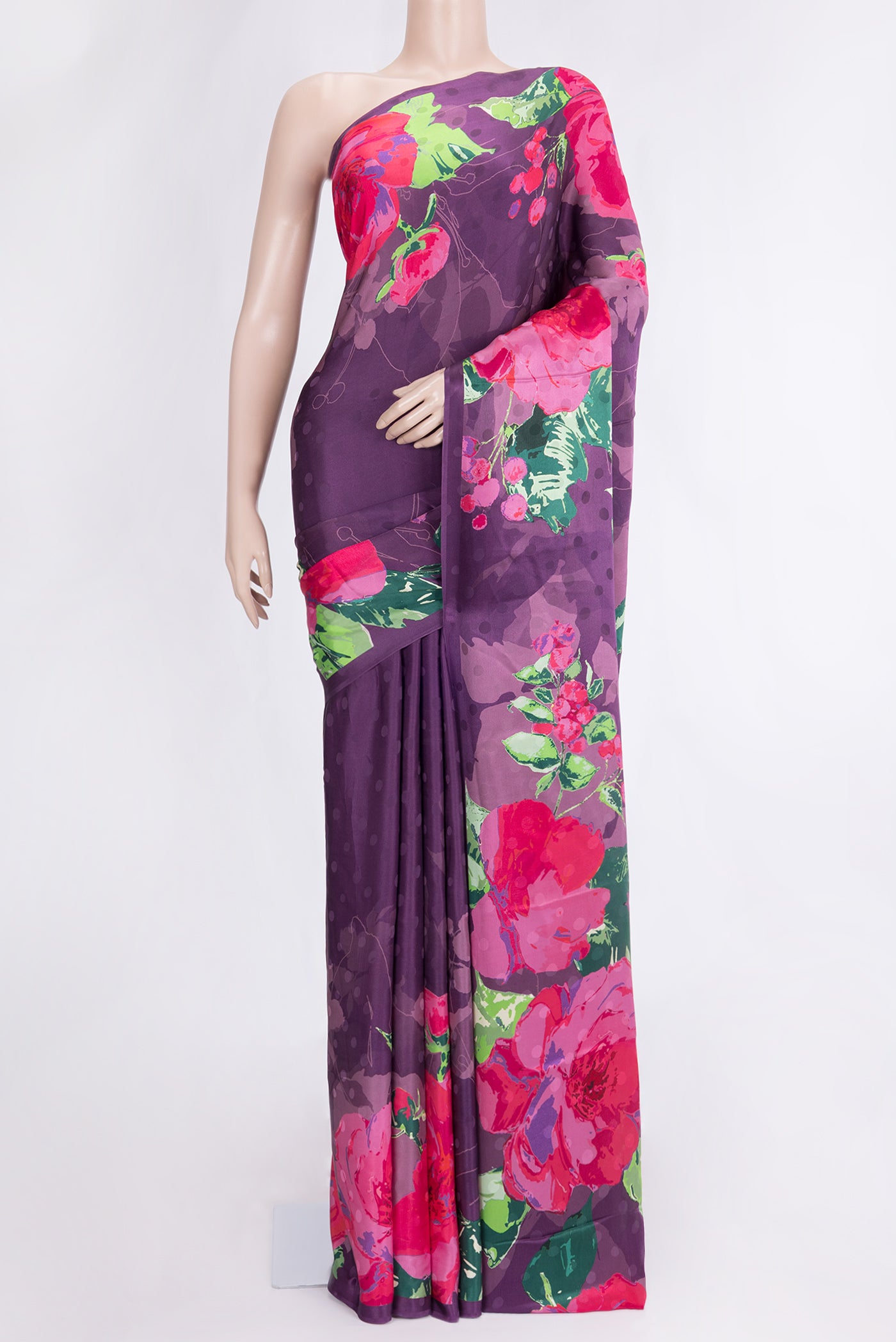 Purple Dual Tone Mysore Crepe Saree with Printed design on the body and Without Border.  displayed on a mannequin