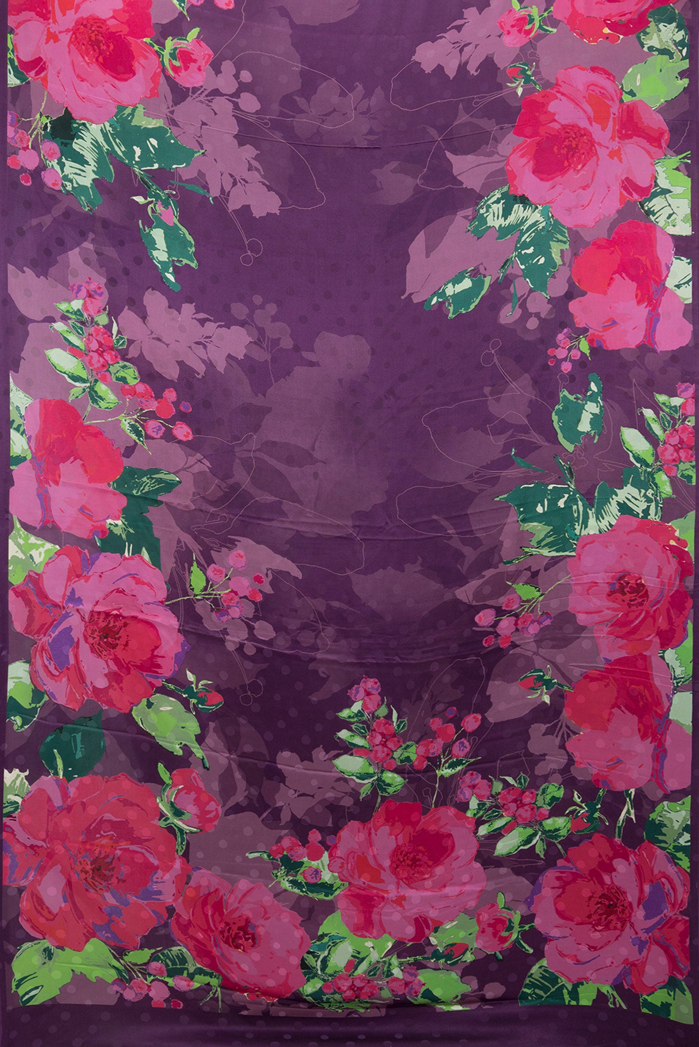 Flat view of Purple Dual Tone Mysore Crepe Saree with Printed design on the body and Without Border. 