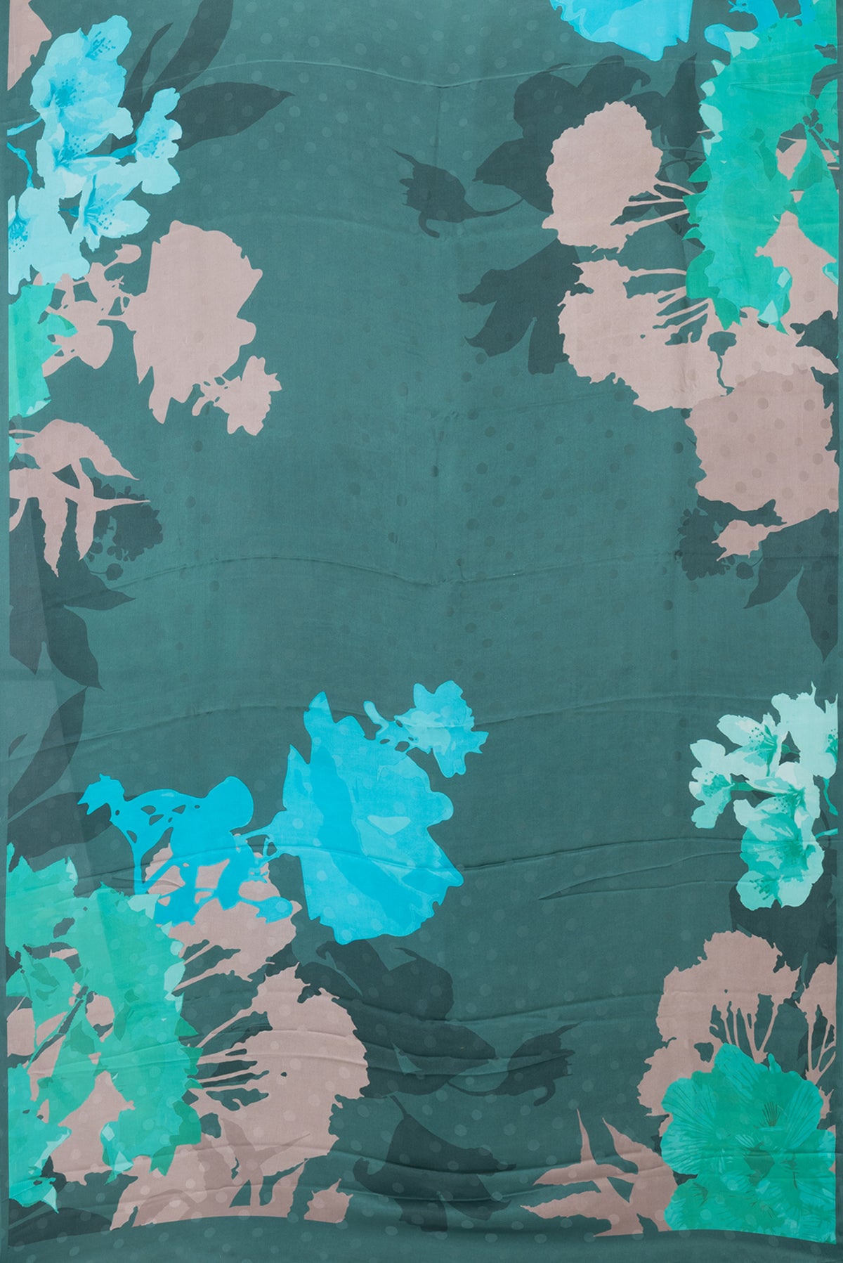 Flat view of Green Dual Tone Crepe Saree with Printed design on the body and Plain Border. 