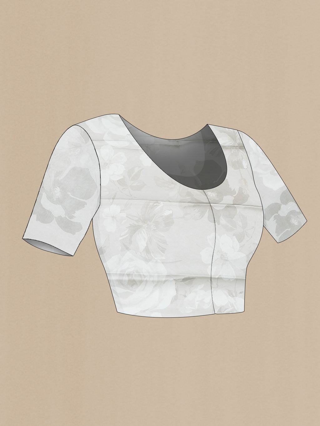 Close up image of the blouse of Grey Crepe Saree with Printed design on the body and Without Border. 