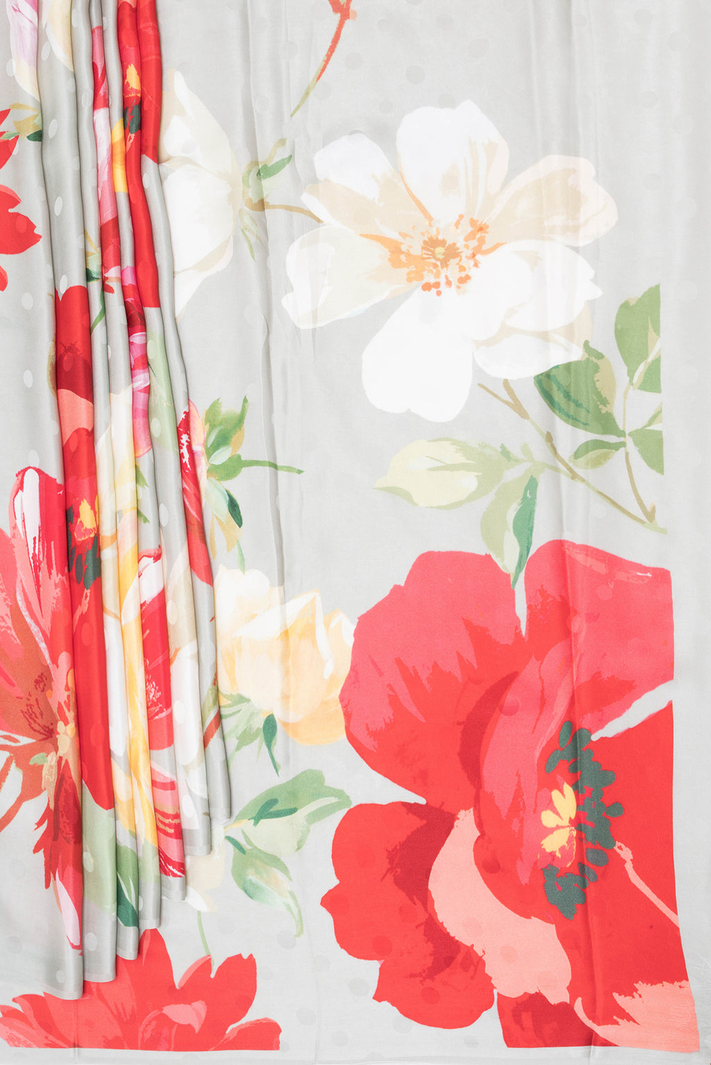Pleats and pallu of Grey Crepe Saree with Printed design on the body and Without Border. 