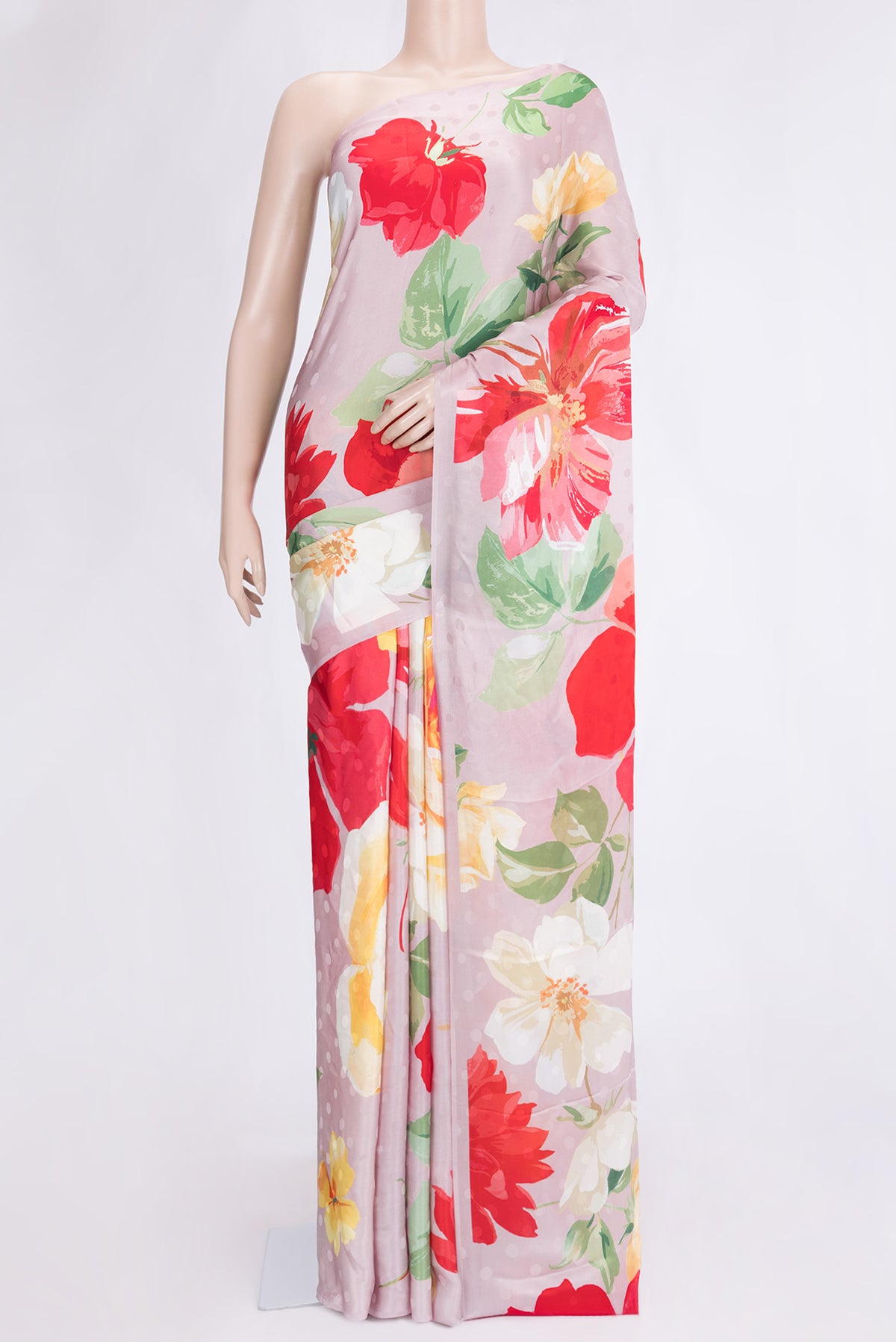 Rose Gold Dual Tone Mysore Crepe Saree with Printed design on the body and Without Border.  displayed on a mannequin