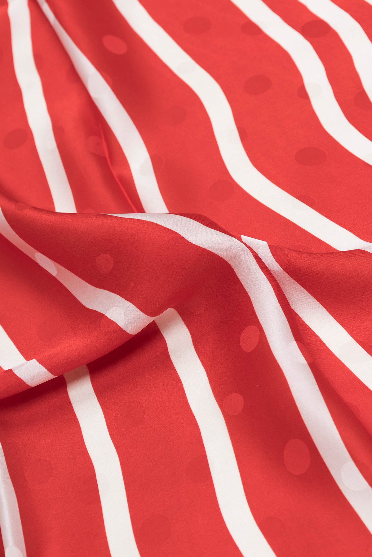 Close up of Red Dual Tone Mysore Crepe Saree with Printed design on the body and Without Border.  displaying folds