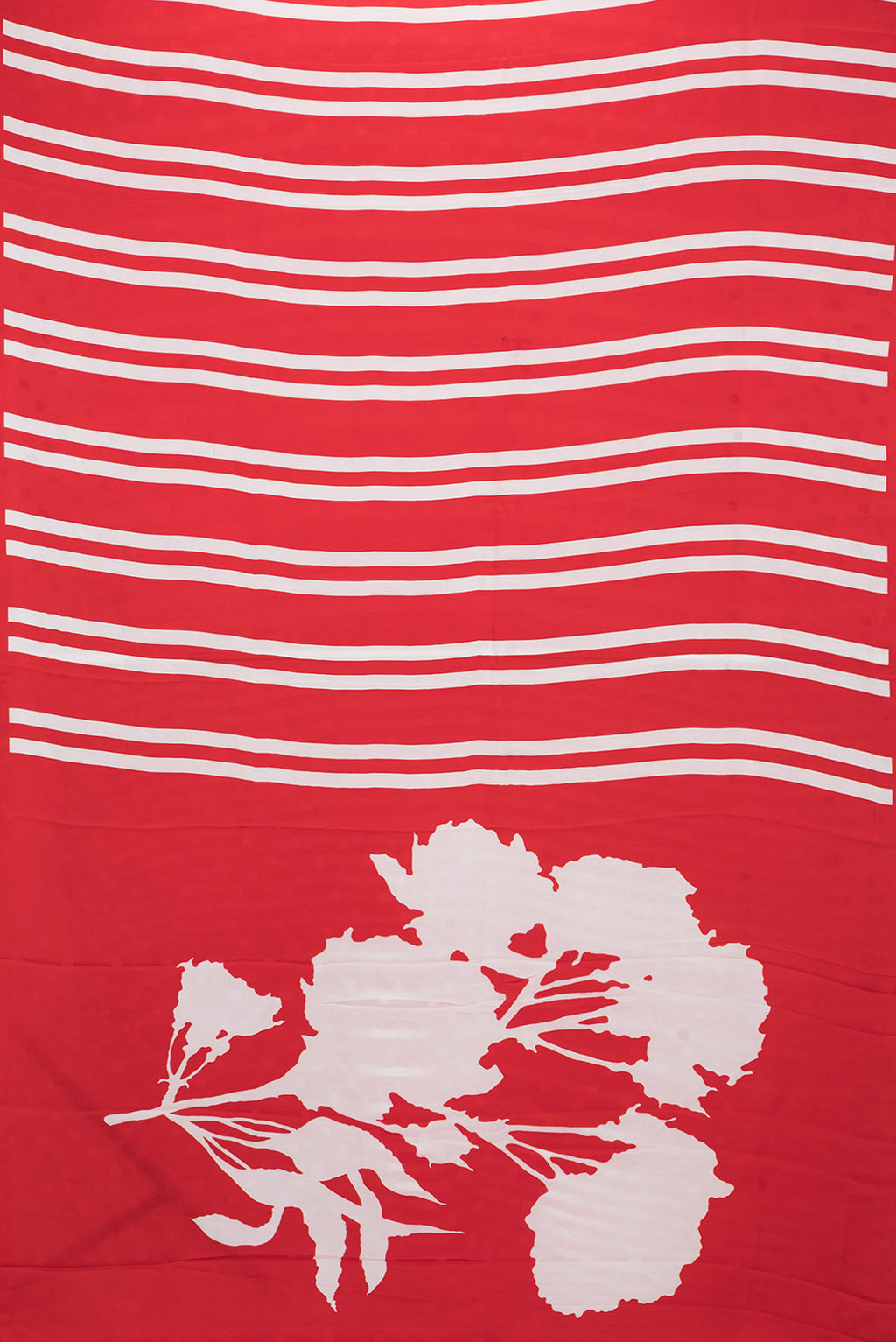 Flat view of Red Dual Tone Mysore Crepe Saree with Printed design on the body and Without Border. 
