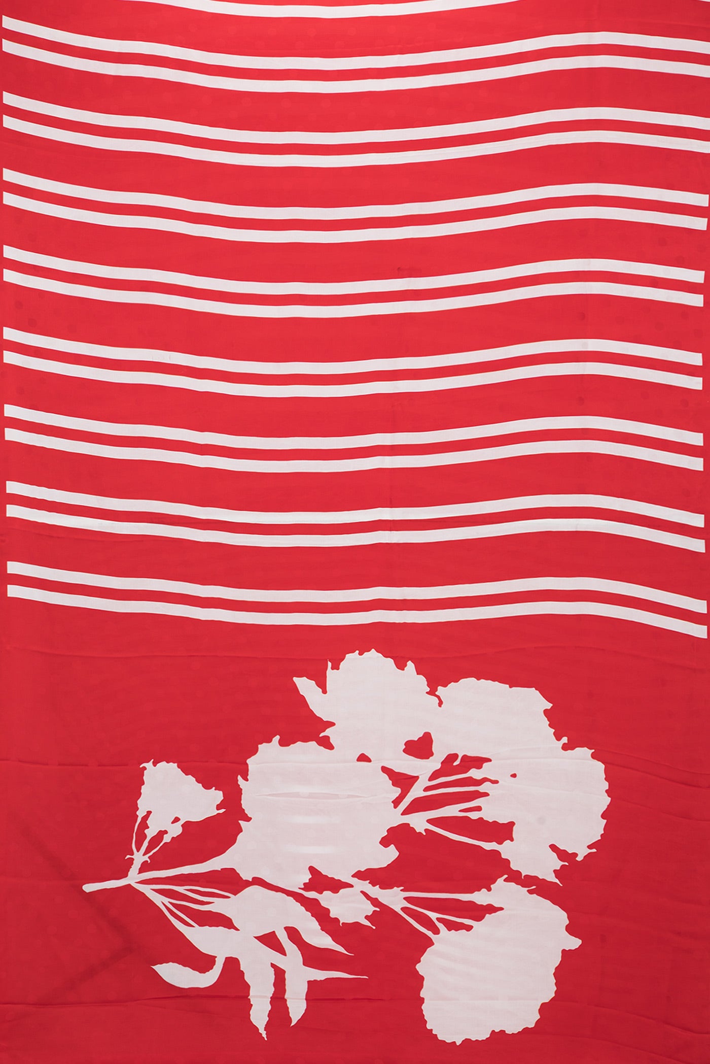 Flat view of Red Dual Tone Mysore Crepe Saree with Printed design on the body and Without Border. 