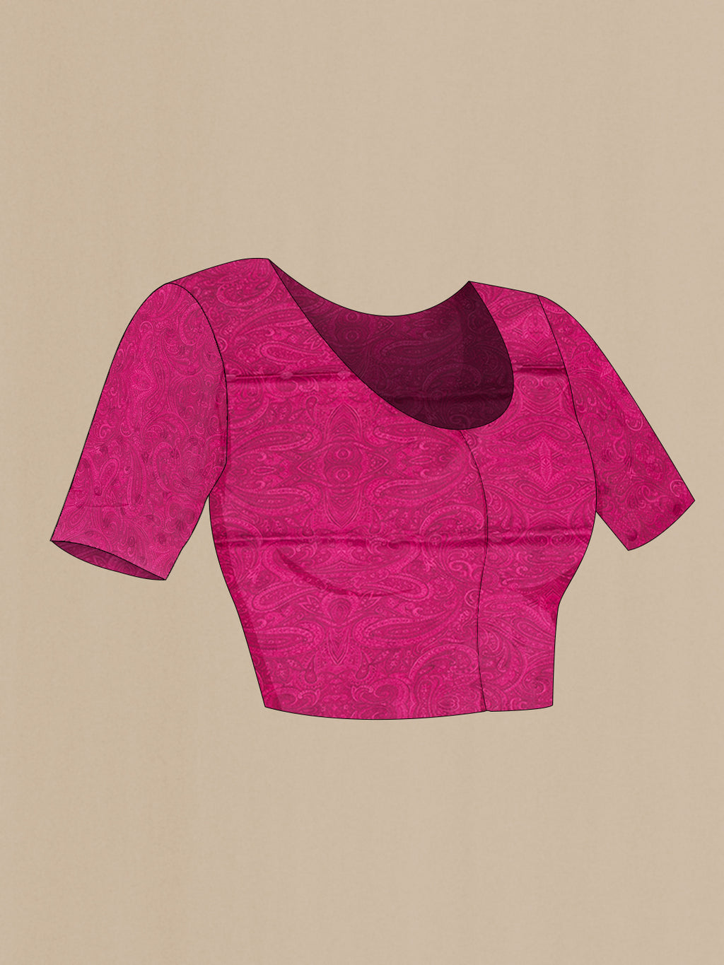 Close up image of the blouse of Magenta Crepe Saree with Printed design on the body and Without Border. 