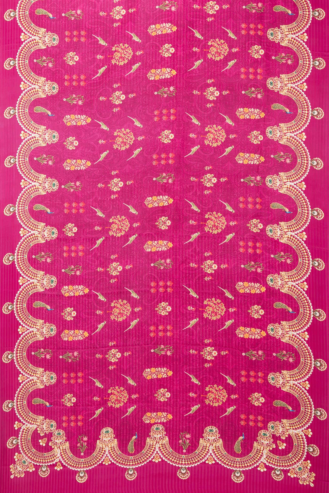 Flat view of Magenta Crepe Saree with Printed design on the body and Without Border. 
