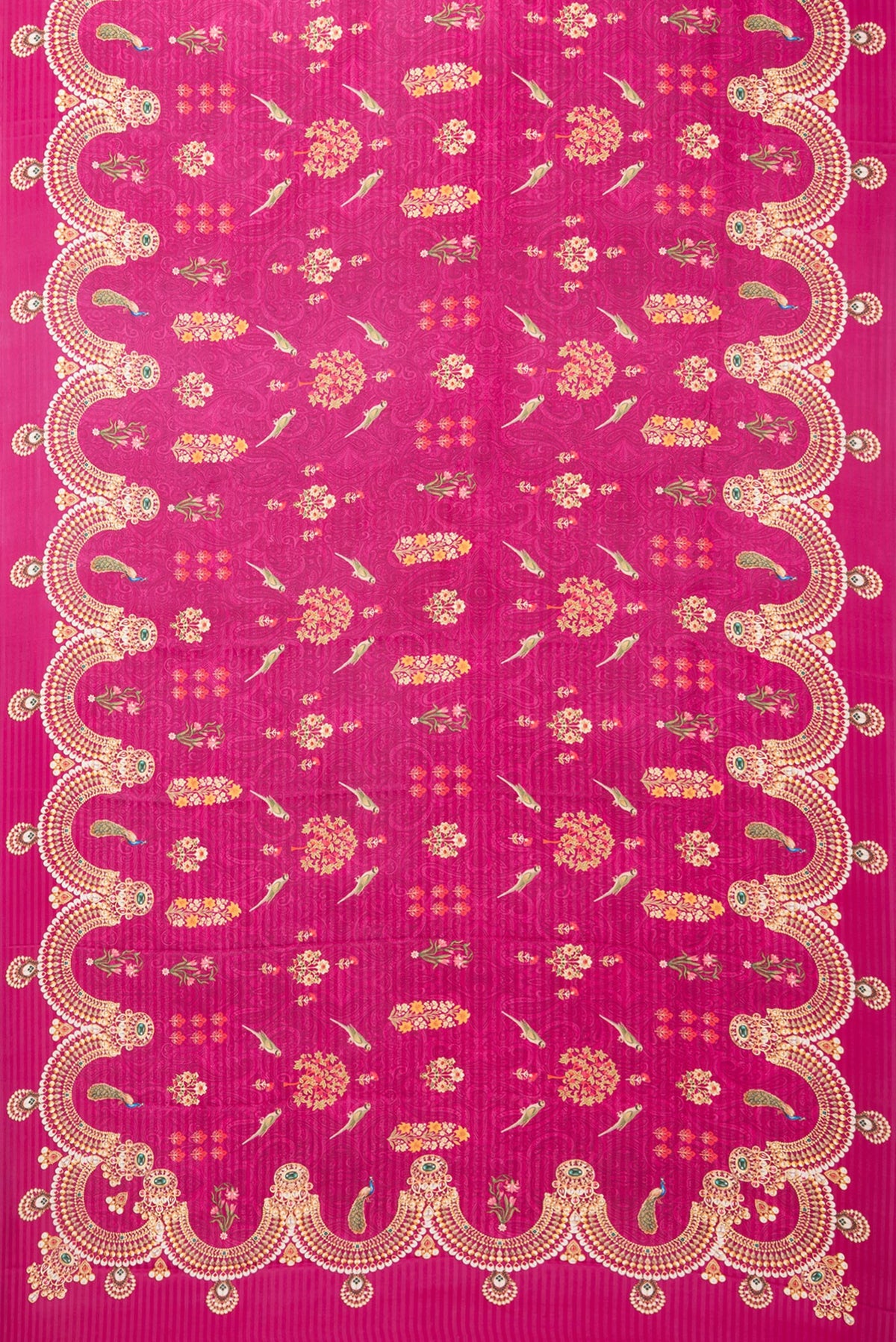 Flat view of Magenta Crepe Saree with Printed design on the body and Without Border. 