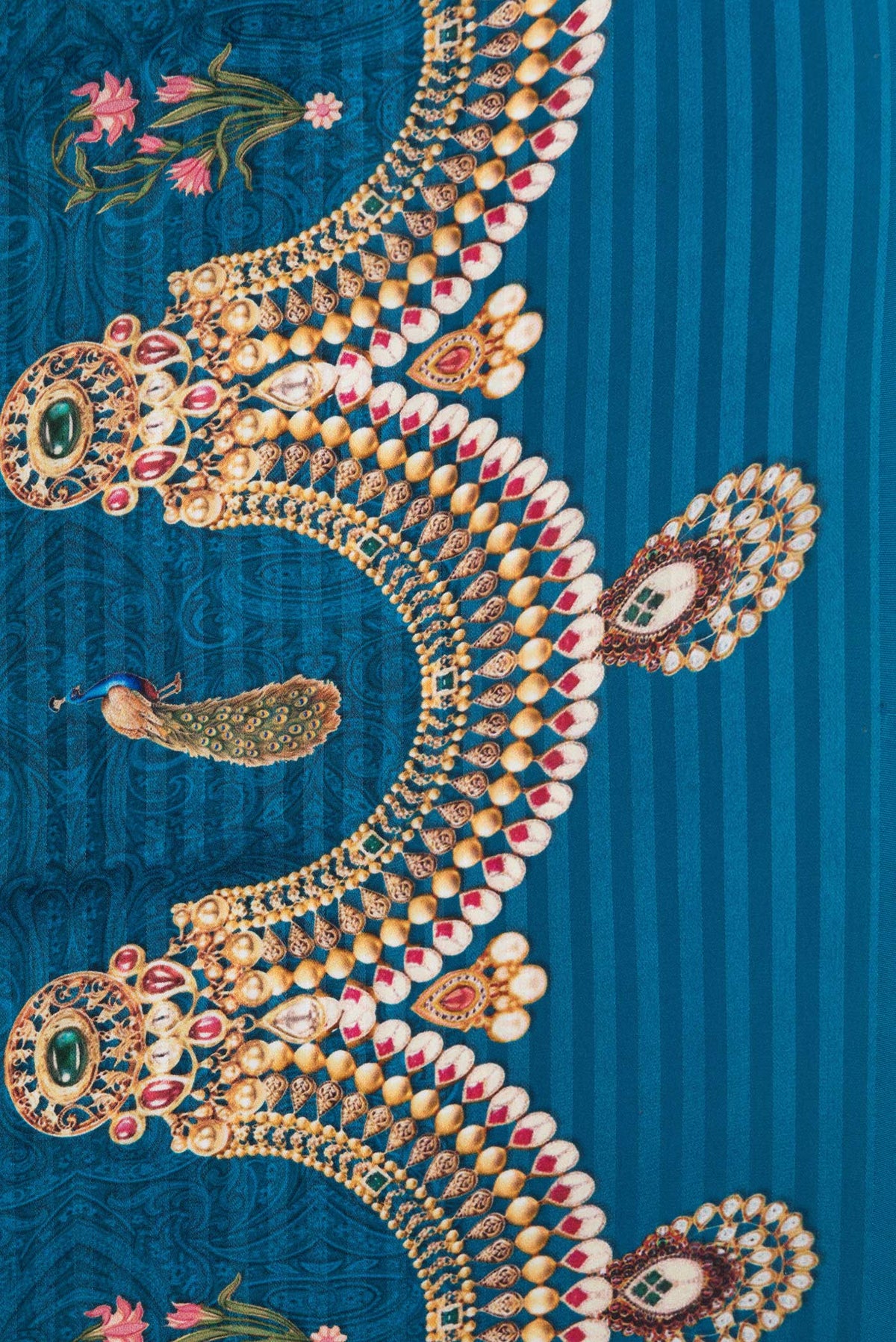 Border image of Peacock Blue Dual Tone Mysore Crepe Saree with Printed design on the body and Printed Border. 