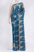 Peacock Blue Dual Tone Mysore Crepe Saree with Printed design on the body and Printed Border.  displayed on a mannequin