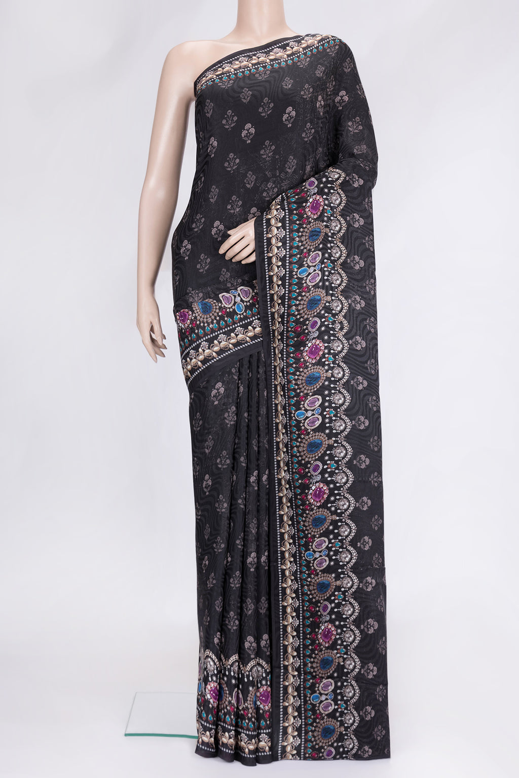 Black Dual Tone Mysore Crepe Saree with Printed design on the body and Printed Border.  displayed on a mannequin