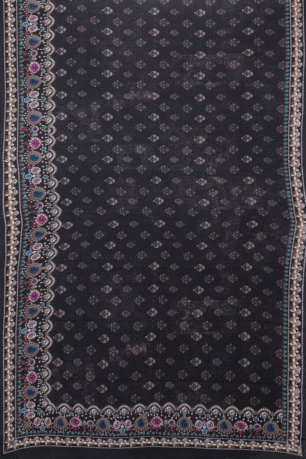Flat view of Black Dual Tone Mysore Crepe Saree with Printed design on the body and Printed Border. 