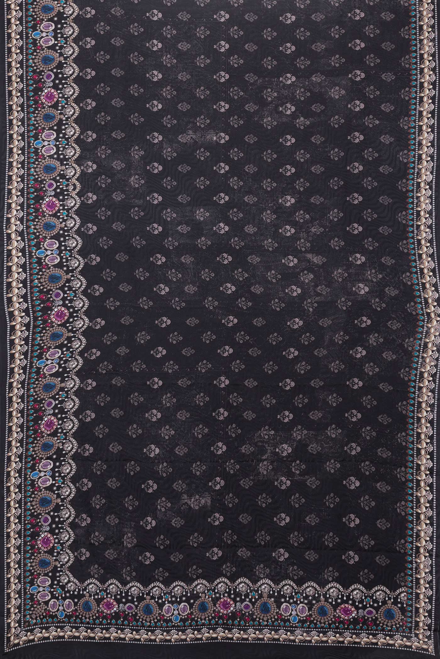 Flat view of Black Dual Tone Mysore Crepe Saree with Printed design on the body and Printed Border. 