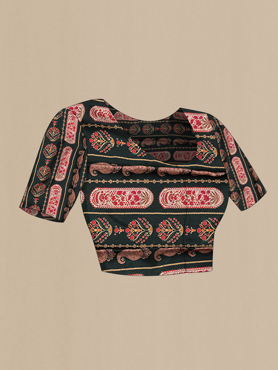 Close up image of the blouse of Bottle Green Dual Tone Mysore Crepe Saree with Printed design on the body and Printed Border. 