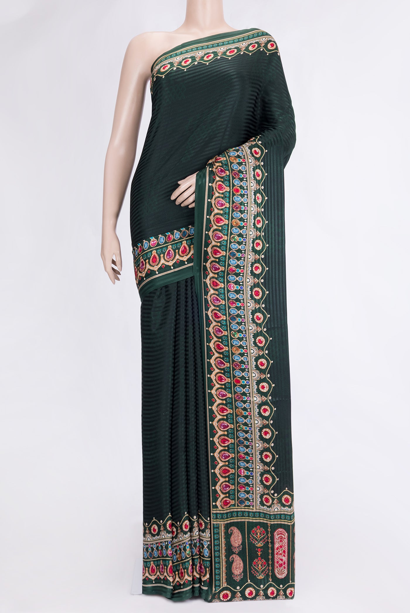 Bottle Green Dual Tone Mysore Crepe Saree with Printed design on the body and Printed Border.  displayed on a mannequin