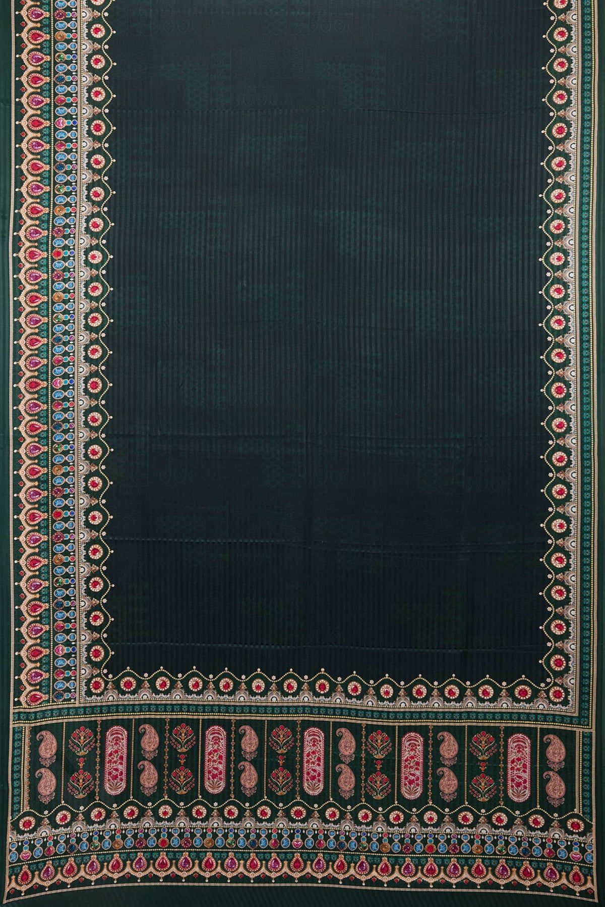 Flat view of Bottle Green Dual Tone Mysore Crepe Saree with Printed design on the body and Printed Border. 