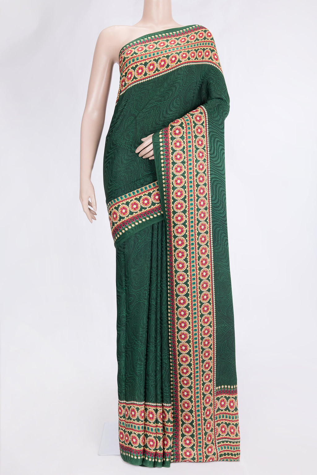 Bottle Green Dual Tone Mysore Crepe Saree with Printed design on the body and Printed Border.  displayed on a mannequin
