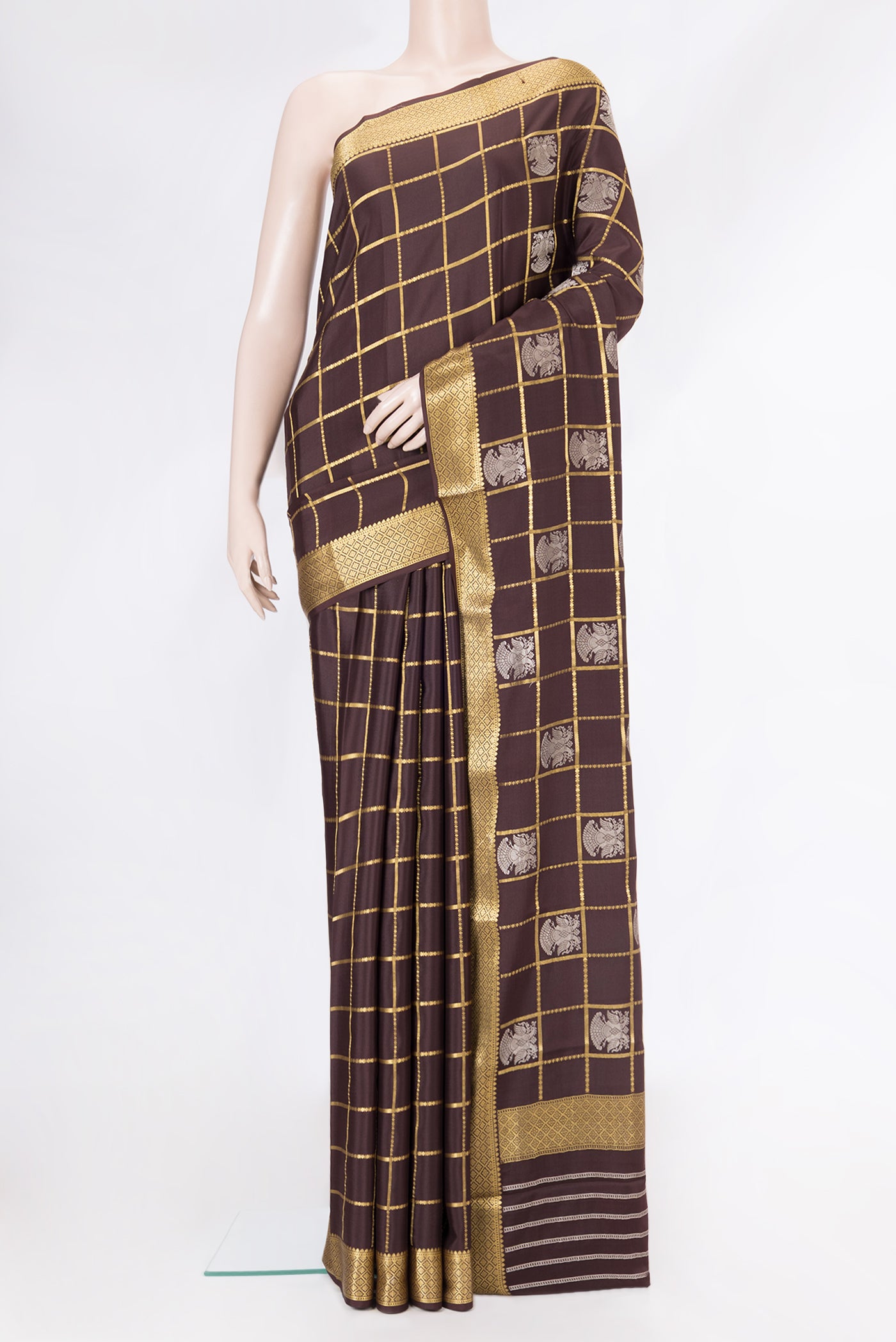 Brown Dual Tone Mysore Silk Saree with Checked design on the body and Zari Border.  displayed on a mannequin