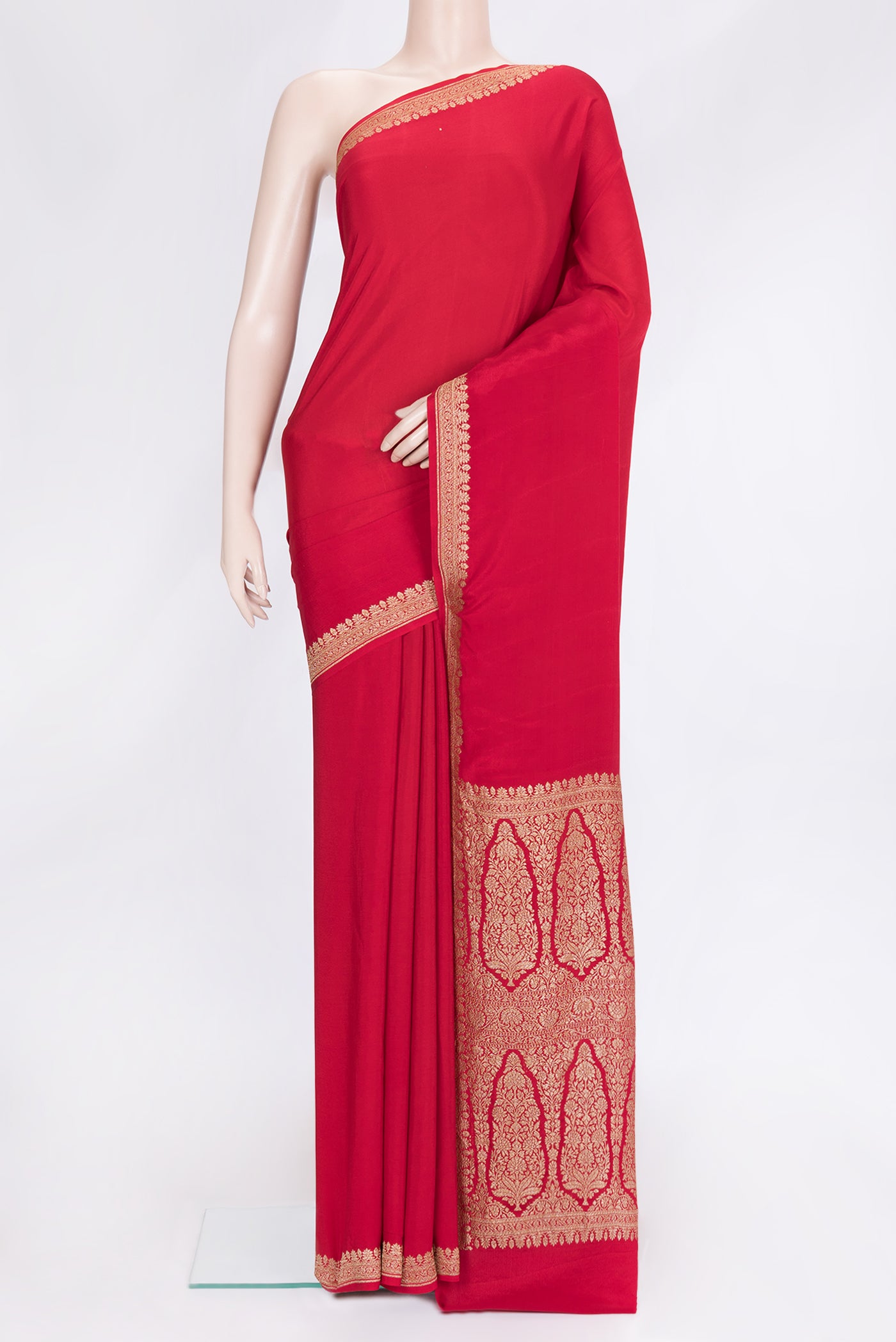 Red Dual Tone Mysore Georgette Saree with Plain Body and Zari Border.  displayed on a mannequin