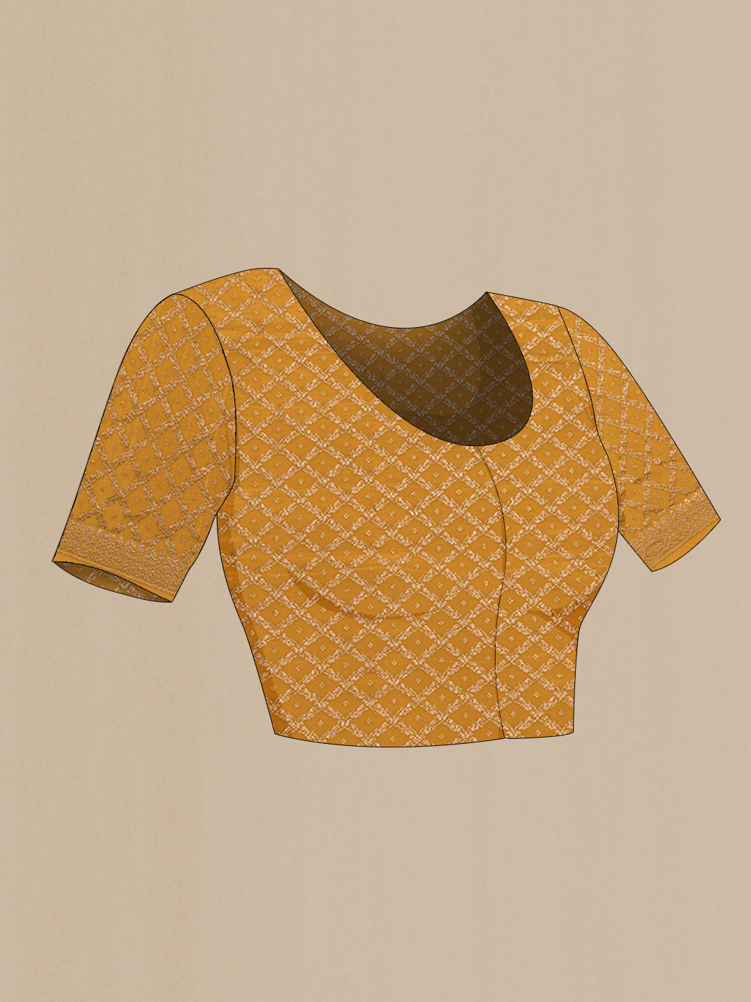 Close up image of the blouse of Mustard Crepe Saree with Plain Body and Zari Border. 