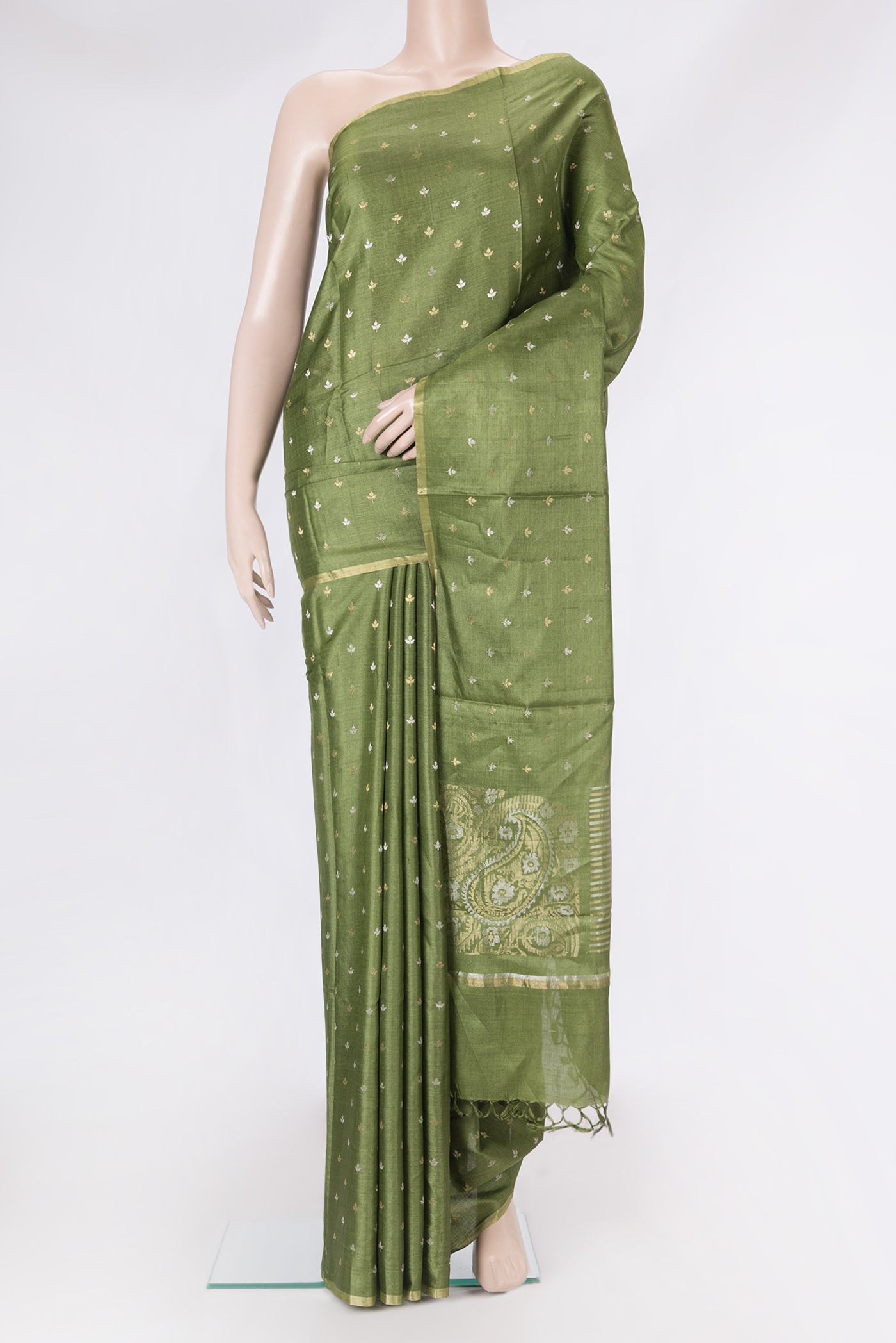 Mehandi Green Dual Tone Tussar Silk Saree with Zari Butta on the body and Zari Border.  displayed on a mannequin