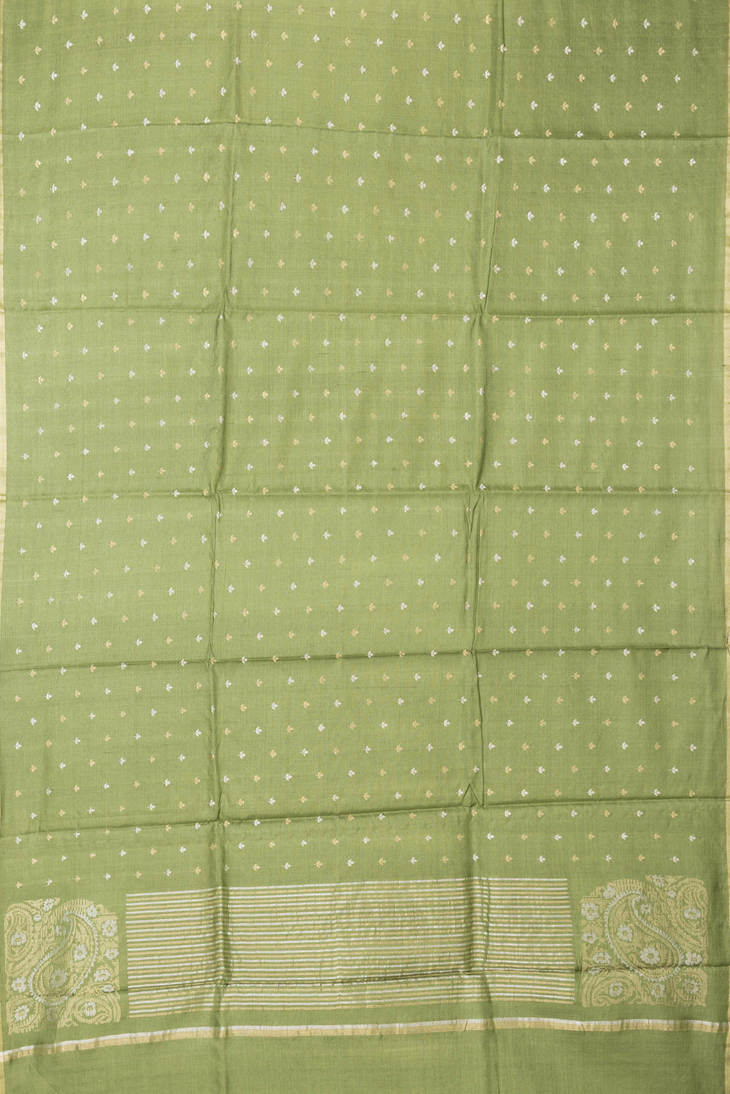 Flat view of Mehandi Green Dual Tone Tussar Silk Saree with Zari Butta on the body and Zari Border. 
