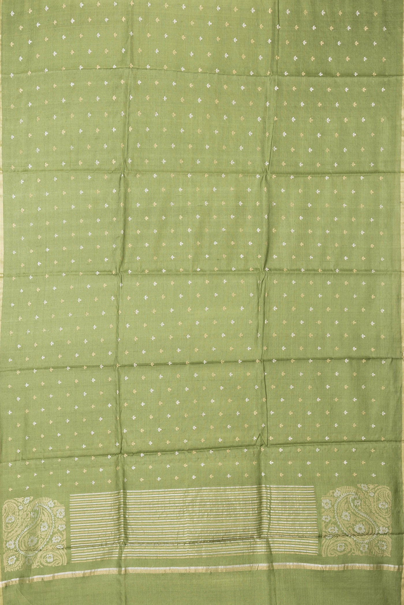 Flat view of Mehandi Green Dual Tone Tussar Silk Saree with Zari Butta on the body and Zari Border. 