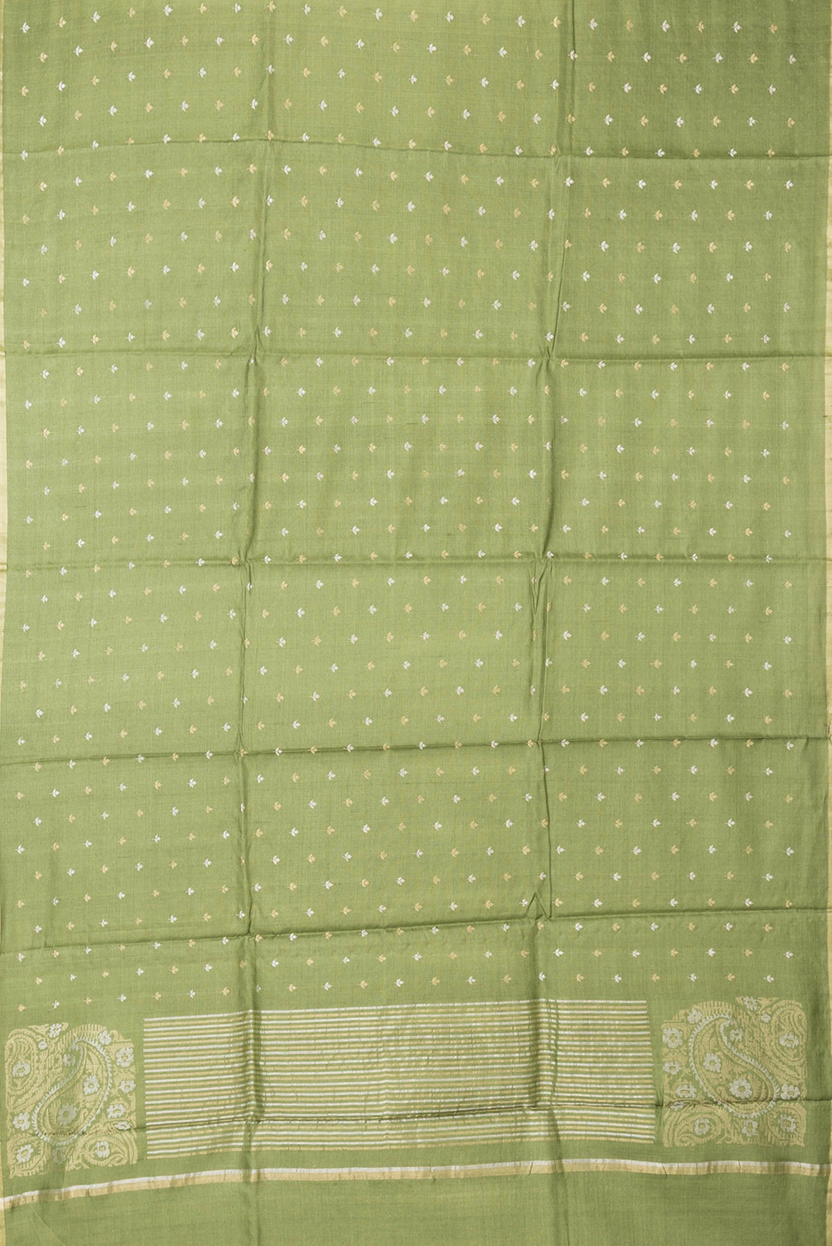 Flat view of Mehandi Green Dual Tone Tussar Silk Saree with Zari Butta on the body and Zari Border. 
