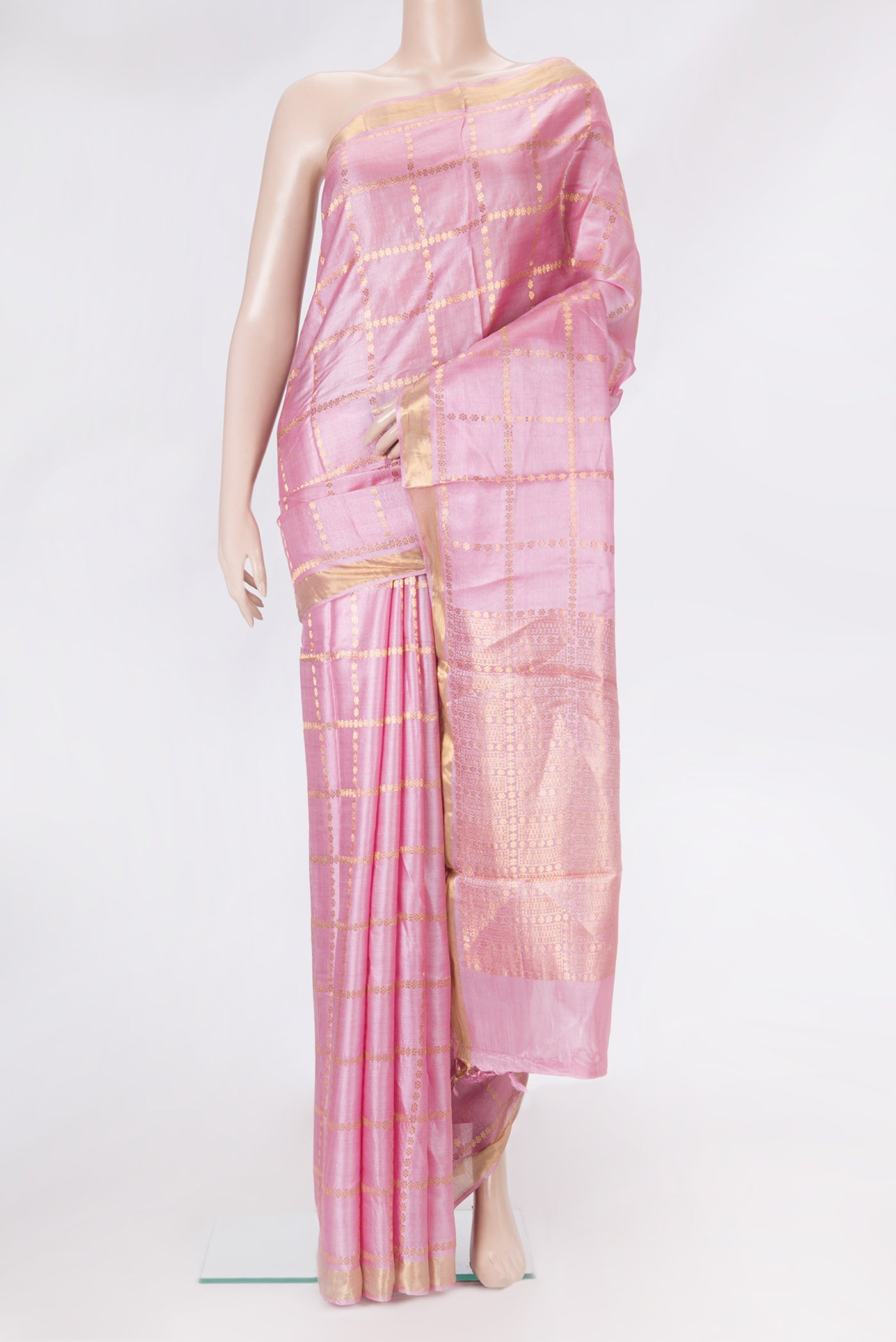 Pink Dual Tone Tussar Silk Saree with Checked design on the body and Zari Border.  displayed on a mannequin