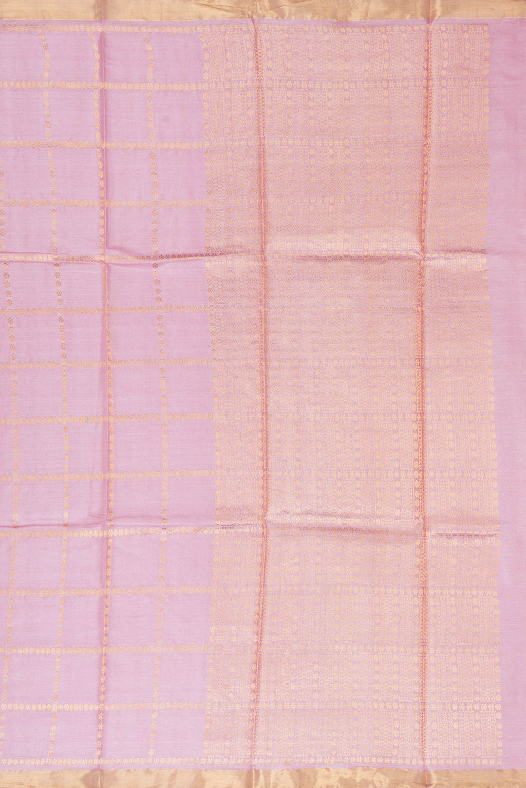 Close up image of the pallu of Pink Dual Tone Tussar Silk Saree with Checked design on the body and Zari Border. 