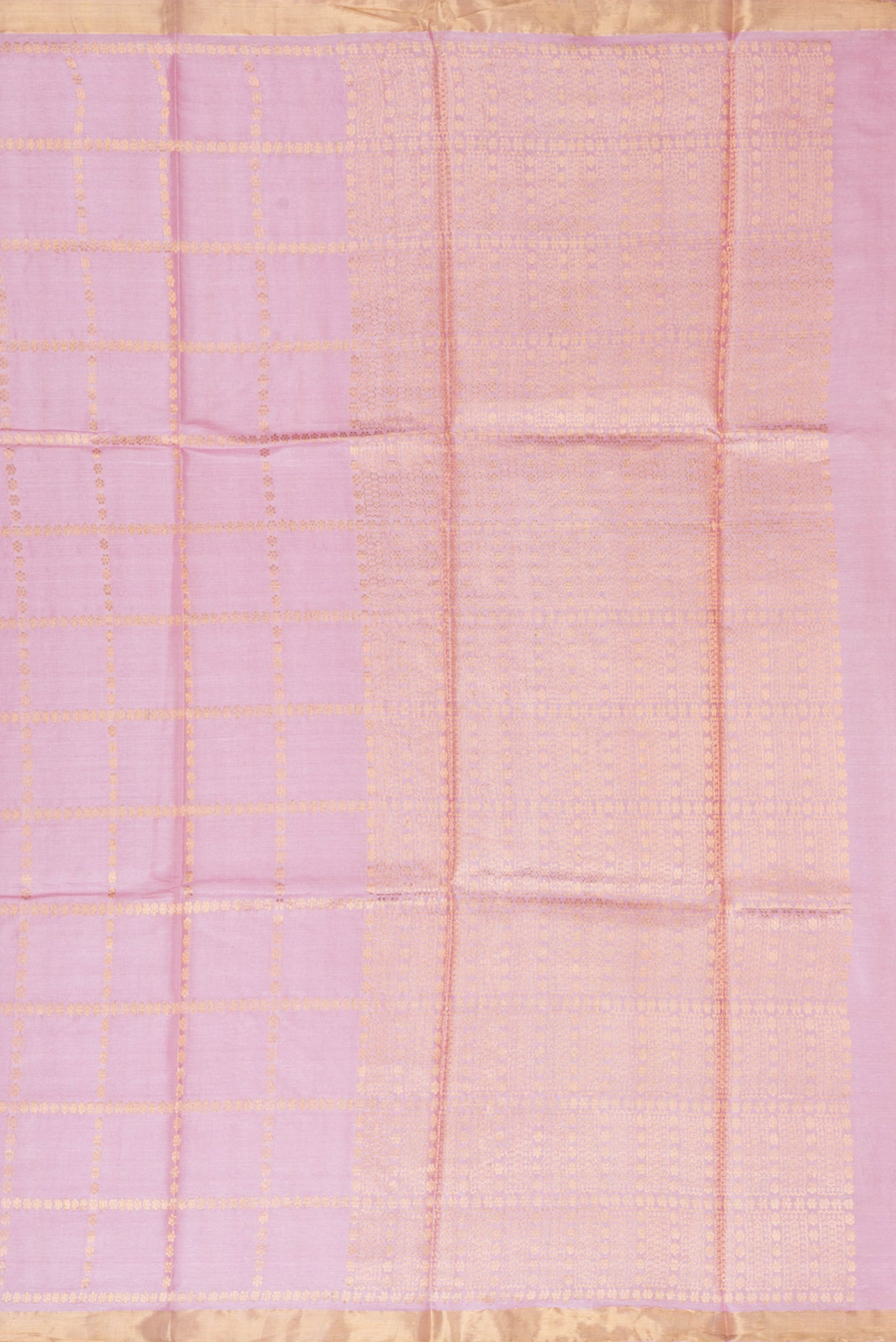 Close up image of the pallu of Pink Dual Tone Tussar Silk Saree with Checked design on the body and Zari Border. 
