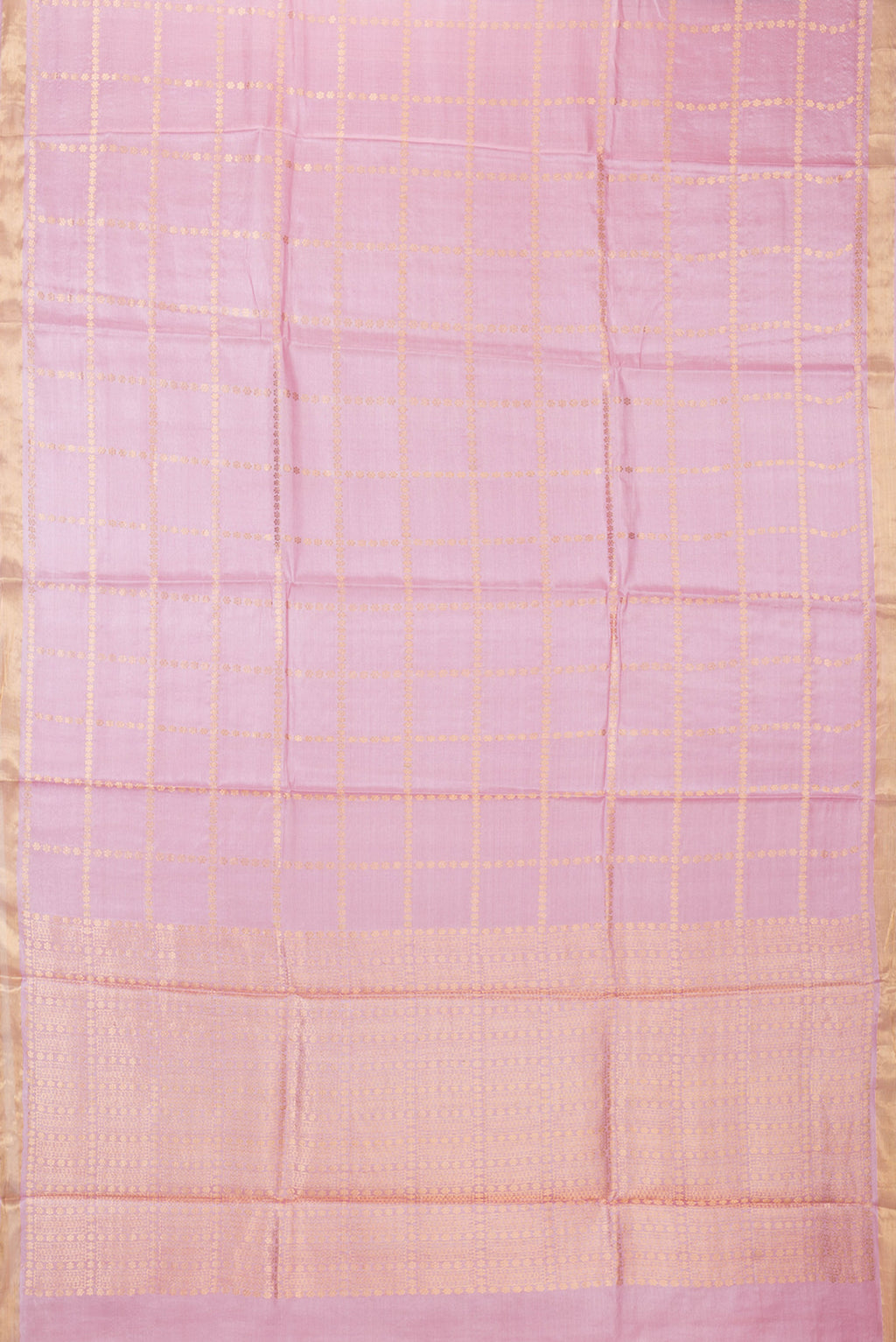 Flat view of Pink Dual Tone Tussar Silk Saree with Checked design on the body and Zari Border. 
